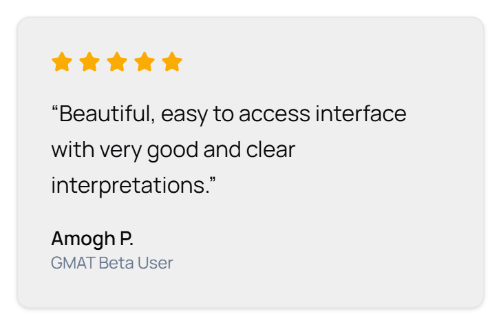 Rated 5 out of 5 stars. “Beautiful, easy to access interface with very good and clear interpretations.” Amogh P., GMAT Beta User
